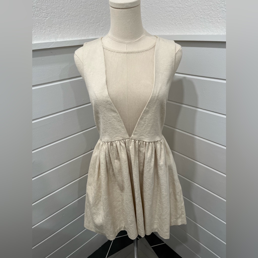 Free People Sleeveless Dress W/ Mesh V-Neck Inset Textured Cream Fabric